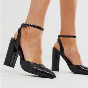 ASOS pointed black heels crocodile croc patent